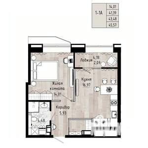 1-к квартира, вторичка, 43м2, 6/15 этаж