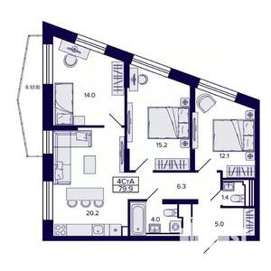 4-к квартира, строящийся дом, 80м2, 6/30 этаж