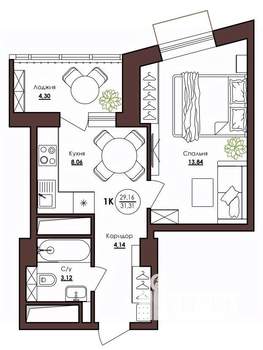 1-к квартира, строящийся дом, 31м2, 19/23 этаж