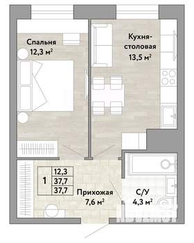 1-к квартира, вторичка, 38м2, 2/22 этаж