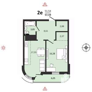 2-к квартира, вторичка, 58м2, 14/25 этаж