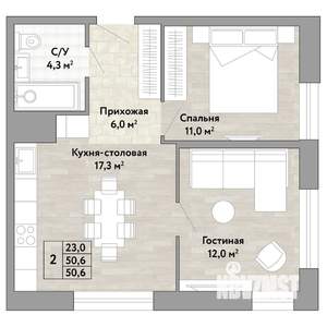 2-к квартира, строящийся дом, 51м2, 14/22 этаж