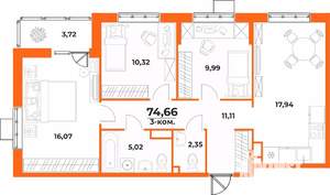 3-к квартира, вторичка, 75м2, 3/10 этаж