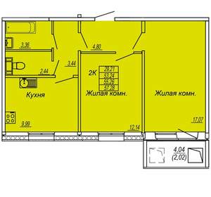 2-к квартира, вторичка, 55м2, 4/10 этаж
