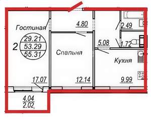 2-к квартира, вторичка, 55м2, 9/10 этаж