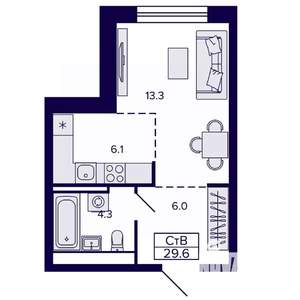 Студия квартира, строящийся дом, 30м2, 6/22 этаж