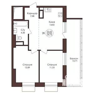 2-к квартира, вторичка, 55м2, 10/23 этаж