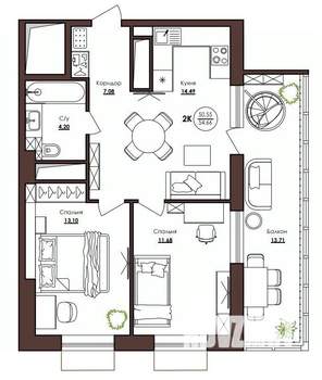2-к квартира, вторичка, 55м2, 20/23 этаж