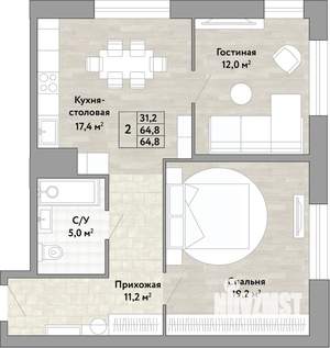 2-к квартира, вторичка, 65м2, 9/22 этаж