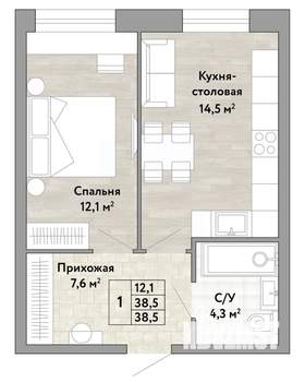 1-к квартира, строящийся дом, 39м2, 1/22 этаж