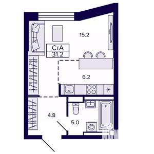 Студия квартира, строящийся дом, 31м2, 19/22 этаж