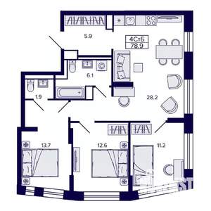 4-к квартира, строящийся дом, 79м2, 16/30 этаж