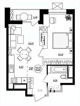 2-к квартира, строящийся дом, 45м2, 7/17 этаж