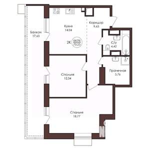 2-к квартира, вторичка, 70м2, 16/23 этаж