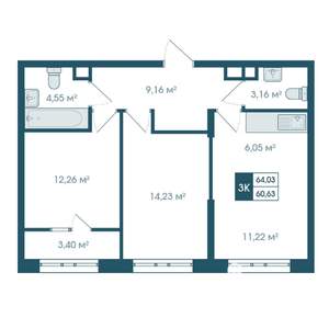 3-к квартира, строящийся дом, 64м2, 11/19 этаж