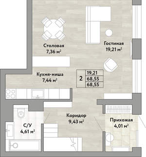 2-к квартира, вторичка, 69м2, 1/22 этаж