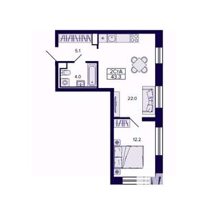 2-к квартира, строящийся дом, 43м2, 2/30 этаж