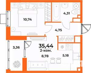 2-к квартира, вторичка, 35м2, 9/10 этаж