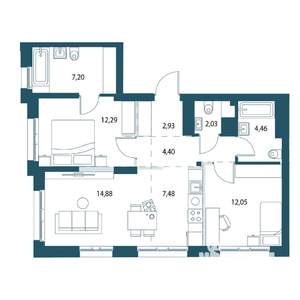 2-к квартира, вторичка, 68м2, 16/25 этаж