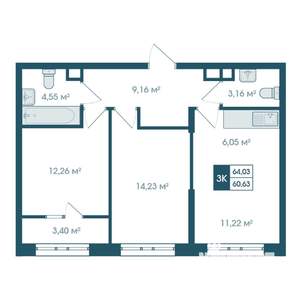 3-к квартира, строящийся дом, 64м2, 6/19 этаж
