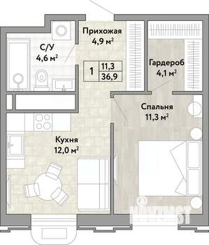 1-к квартира, вторичка, 36м2, 19/21 этаж