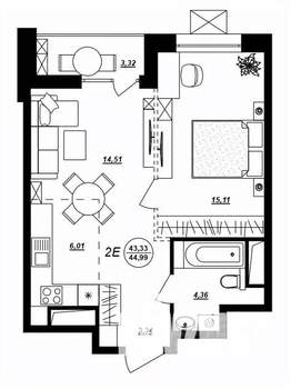 2-к квартира, строящийся дом, 45м2, 3/17 этаж