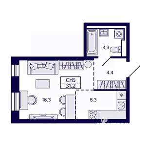 1-к квартира, строящийся дом, 31м2, 19/30 этаж