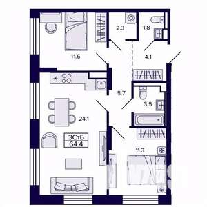 3-к квартира, строящийся дом, 64м2, 9/30 этаж