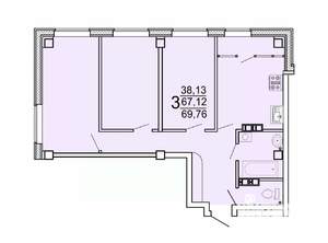 3-к квартира, строящийся дом, 72м2, 25/25 этаж