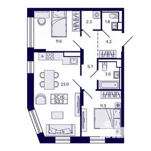 3-к квартира, строящийся дом, 63м2, 19/30 этаж