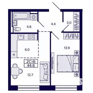 2-к квартира, строящийся дом, 45м2, 4/22 этаж