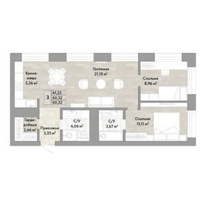 3-к квартира, строящийся дом, 60м2, 19/22 этаж