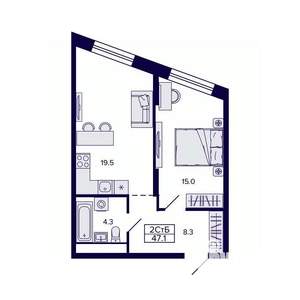2-к квартира, строящийся дом, 47м2, 27/30 этаж