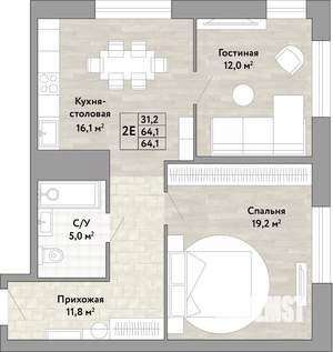 2-к квартира, вторичка, 64м2, 19/22 этаж