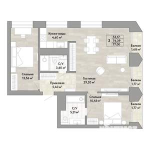 3-к квартира, строящийся дом, 74м2, 18/22 этаж