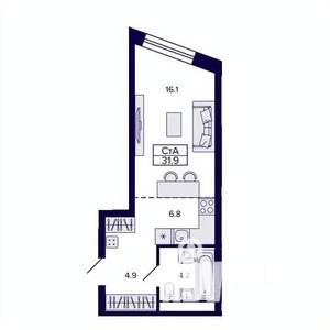 1-к квартира, строящийся дом, 32м2, 7/30 этаж