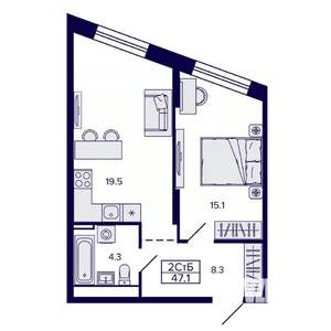 2-к квартира, строящийся дом, 47м2, 16/30 этаж