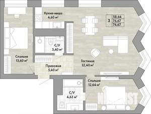 3-к квартира, вторичка, 77м2, 20/22 этаж