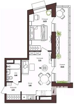 1-к квартира, вторичка, 46м2, 2/23 этаж