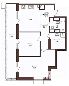 2-к квартира, строящийся дом, 70м2, 9/23 этаж