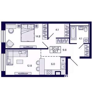 2-к квартира, строящийся дом, 52м2, 17/22 этаж