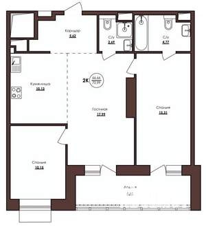 2-к квартира, строящийся дом, 71м2, 3/23 этаж