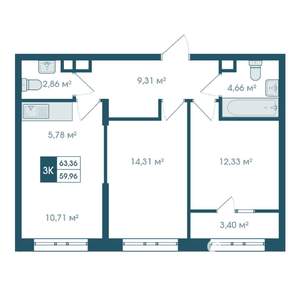 3-к квартира, строящийся дом, 63м2, 3/19 этаж