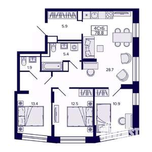 4-к квартира, строящийся дом, 79м2, 18/30 этаж