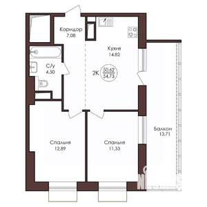 2-к квартира, вторичка, 55м2, 9/23 этаж