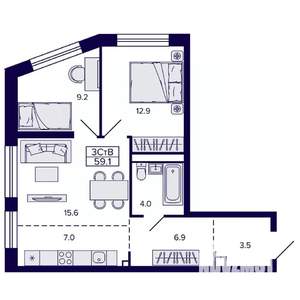 3-к квартира, строящийся дом, 59м2, 17/22 этаж