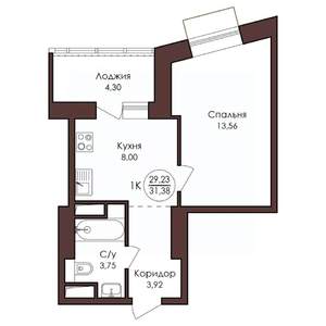 1-к квартира, строящийся дом, 31м2, 2/23 этаж