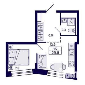 1-к квартира, строящийся дом, 30м2, 16/30 этаж