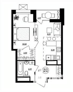 2-к квартира, строящийся дом, 40м2, 13/17 этаж