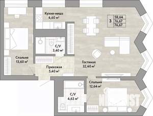 3-к квартира, вторичка, 77м2, 19/22 этаж